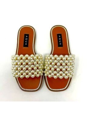 NIB Aqua Bride Pearl Beaded Flat Slide Sandals